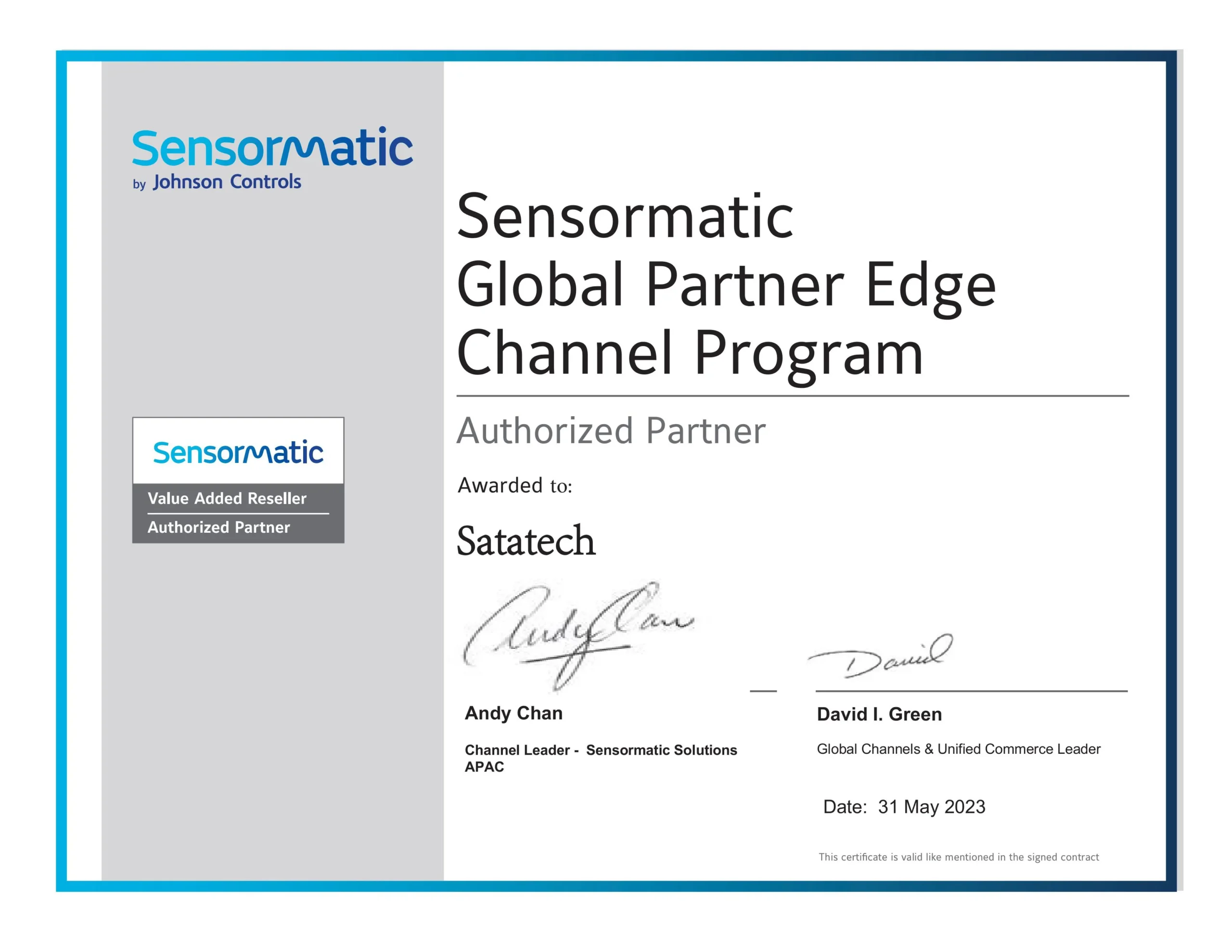 giấy chứng nhận đối tác tin cậy của Sensormatic 